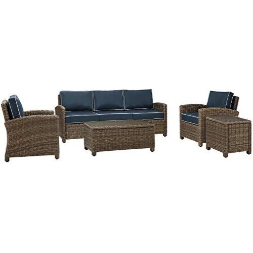 Crosley Furniture KO70051WB-NV Bradenton Outdoor Wicker 5-Piece Set (Sofa, 2 Arm Chairs, Side & Coffee Table), Brown with Navy Cushions