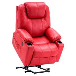 Mcombo Electric Power Lift Recliner Chair Sofa with Massage and Heat for Elderly, 3 Positions, 2 Side Pockets and Cup Holders, USB Ports, Faux Leather 7040 (Medium, Red)