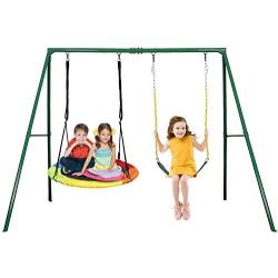 Trekassy 440lbs 2 Seat Swing Set, 1 Saucer Swing Seat and 1 Belt Swing Seat with Heavy Duty A-Frame Metal Swing Stand