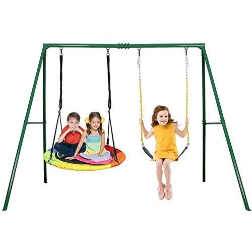 Trekassy 440lbs 2 Seat Swing Set, 1 Saucer Swing Seat and 1 Belt Swing Seat with Heavy Duty A-Frame Metal Swing Stand