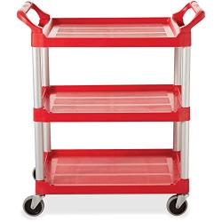 Rubbermaid Commercial Products Heavy Duty 3-Shelf Rolling Service/Utility/Push Cart, 200 lbs. Capacity, Red, for Foodservice/Restaurant/Cleaning (FG342488RED)