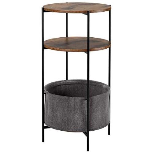 Homfa Vintage Round End Table, 3-Tier Industrial Side Table Night Stand with Storage Basket Wood Look Accent Furniture with Metal Frame