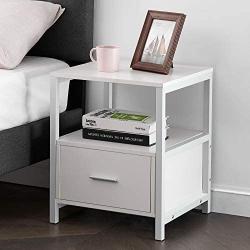 VECELO Modern Nightstand with Drawer Square End, Side Table for Bedroom, Living Room, Small Space, Night Stand with Open Shelf, Stable Metal Frame, White