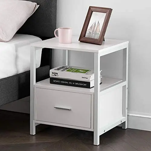 VECELO Modern Nightstand with Drawer Square End, Side Table for Bedroom, Living Room, Small Space, Night Stand with Open Shelf, Stable Metal Frame, White VECELO Modern Nightstand with Drawer Square End, Side Table for Bedroom, Living Room, Small Space, Night Stand with Open Shelf, Stable Metal Frame, White