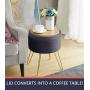 Ornavo Home Modern Round Velvet Storage Ottoman Foot Rest Stool/Seat with Gold Metal Legs & Tray Top Coffee Table - Grey