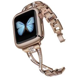 JSGJMY Bling Bands Compatible with Apple Watch Band 38mm 40mm 42mm 44mm Series 5/4/3/2/1 Women Diamond Rhinestone X-Link Metal Jewelry Bracelet(Bronze Gold, 42mm/44mm)