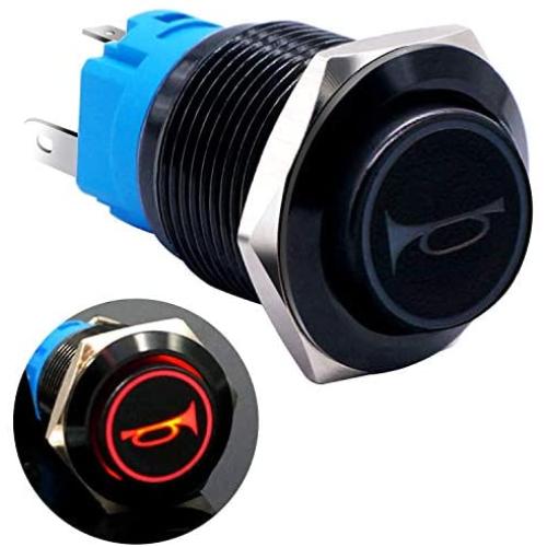 Taiss 12V 16mm Car Horn Speaker Momentary Push Button Switch 1NO 1NC SPDT Red Led Light 5/8'' Mounting Hole Raised Black Metal Toggle Switch For Car Boat Speakers Bells Modification G16LB-BK-R