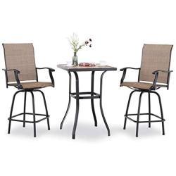 PHI VILLA Patio 3 PC Swivel Bar Sets Textilene High Bistro Sets, 2 Bar Stools and 1 Table, Brown