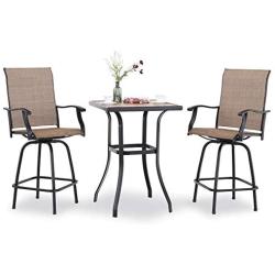 PHI VILLA Patio 3 PC Swivel Bar Sets Textilene High Bistro Sets, 2 Bar Stools and 1 Table, Brown