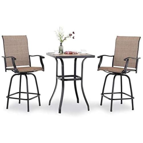 PHI VILLA Patio 3 PC Swivel Bar Sets Textilene High Bistro Sets, 2 Bar Stools and 1 Table, Brown