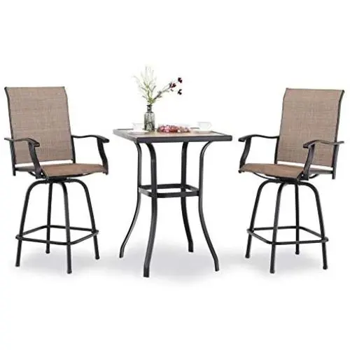 PHI VILLA Patio 3 PC Swivel Bar Sets Textilene High Bistro Sets, 2 Bar Stools and 1 Table, Brown PHI VILLA Patio 3 PC Swivel Bar Sets Textilene High Bistro Sets, 2 Bar Stools and 1 Table, Brown
