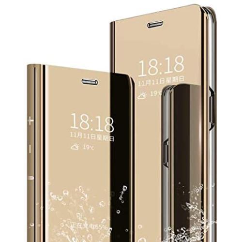 LANYOS Compatible Samsung Galaxy S8 Flip Case，Full Body Protection Translucent Electroplate Plating S-View Mirror Cover Built in Kickstand (Gold)