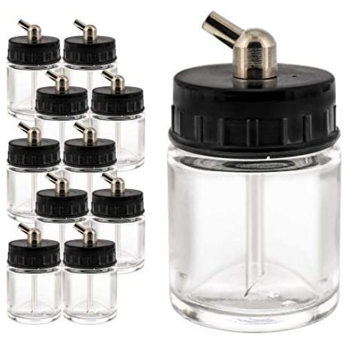 Master Airbrush (Pack of 10) TB-003 Empty 3/4 Ounce (22cc) Glass Jar Bottles with 60° Down Angle Adaptor Lid Assembly - Fits Single-Action Siphon Feed Airbrushes, Use with Master Badger Paasche, Iwata