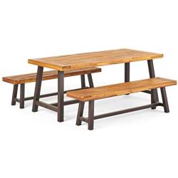 Christopher Knight Home 298403 Bowman Wood Outdoor Picnic Table Set | Perfect for Dining, Brown + Black Rustic Metal