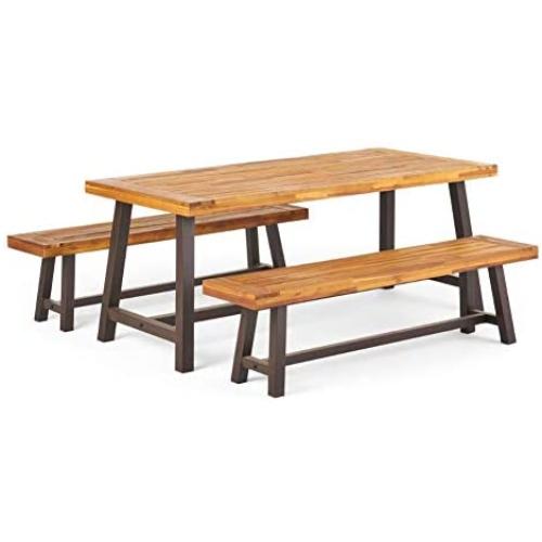 Christopher Knight Home 298403 Bowman Wood Outdoor Picnic Table Set | Perfect for Dining, Brown + Black Rustic Metal