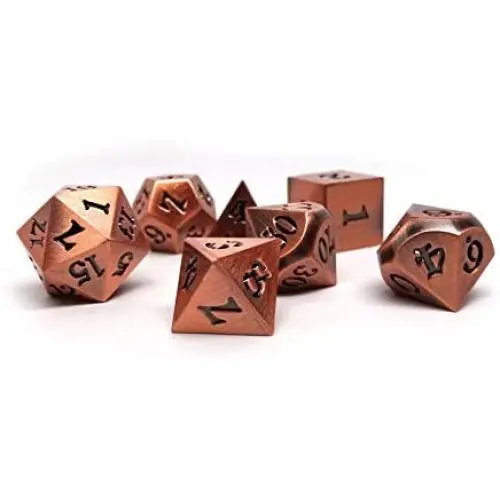 Legendary Copper Metal Polyhedral Dice Set with Black Signature Font - 7 Piece Collection