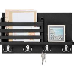 Dahey Wall Mounted Mail Holder Wooden Mail Sorter Organizer with 4 Double Key Hooks and A Floating Shelf Rustic Home Decor for Entryway or Mudroom,Black