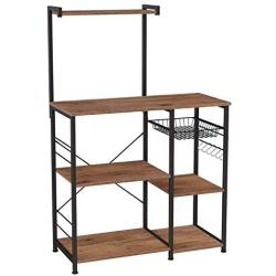 VASAGLE ALINRU Baker’s Rack with Shelves, Kitchen Shelf with Wire Basket, 6 S-Hooks, Microwave Oven Stand, Utility Storage for Spices, Pots, and Pans, Hazelnut Brown and Black UKKS035B03