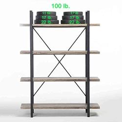 HSH 4-Shelf Vintage Industrial Bookshelf, Rustic Wood and Metal Bookcase, Open Wide Office Etagere Book Shelf, Grey Oak