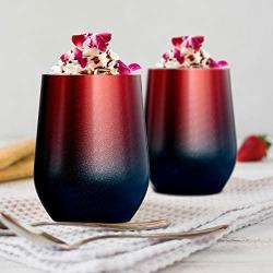 Insulated Wine Tumbler with Lid, Deedro 12 oz Double Wall Vacuum Insulated Wine Cup with Straws and Brushes, Stemless Stainless Steel Wine Glass for Drinks, 4 Pieces (Glitter Red and Greenish Blue)