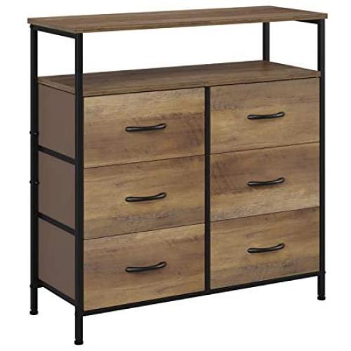 HOMECHO Fabric Dresser Chest with 6 Drawers, Wide Chest of Drawers with 2 Tier Wood Shelves, Sturdy Metal Frame, Tall Nightstand Functional Organizer Unit for Closets, Bedroom, Hallway, Rustic Brown HOMECHO Fabric Dresser Chest with 6 Drawers, Wide Chest of Drawers with 2 Tier Wood Shelves, Sturdy Metal Frame, Tall Nightstand Functional Organizer Unit for Closets, Bedroom, Hallway, Rustic Brown