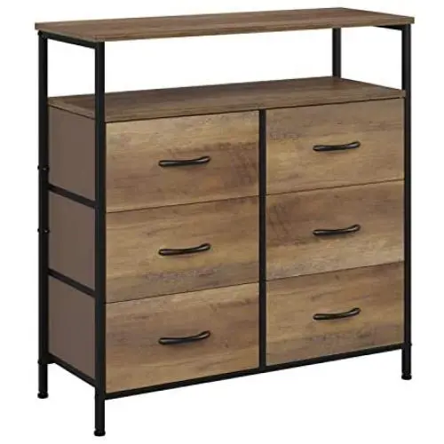 HOMECHO Fabric Dresser Chest with 6 Drawers, Wide Chest of Drawers with 2 Tier Wood Shelves, Sturdy Metal Frame, Tall Nightstand Functional Organizer Unit for Closets, Bedroom, Hallway, Rustic Brown HOMECHO Fabric Dresser Chest with 6 Drawers, Wide Chest of Drawers with 2 Tier Wood Shelves, Sturdy Metal Frame, Tall Nightstand Functional Organizer Unit for Closets, Bedroom, Hallway, Rustic Brown
