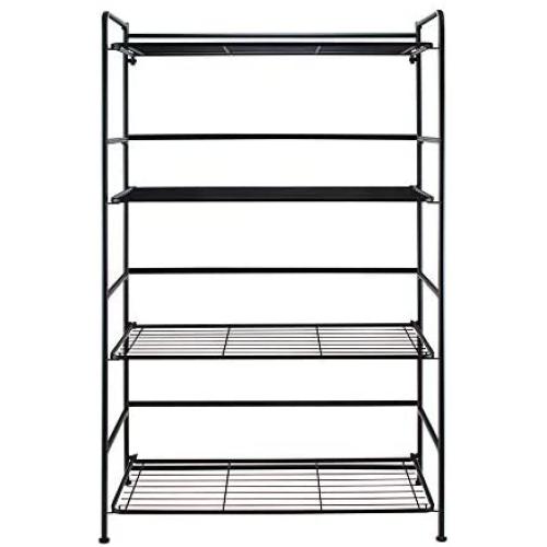 Flipshelf Folding Metal Bookcase-Small Space Solution-No Assembly-Home, Kitchen, Bathroom and Office Black, 4 Shelves, Wide