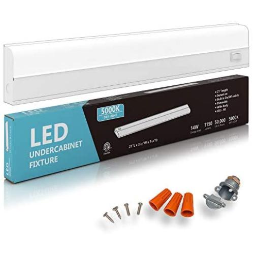 Hardwired LED Under Cabinet Task Lighting - 14 Watt, 21'', Dimmable, 5000K (Day Light), Wide Body, Long Lasting Metal Base with Frost Lens