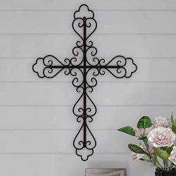 Lavish Home Handmade Short Flat White Mango Wood Vase Metal Cross Fleur De Lis Design-Rustic Handcrafted Religious Wall Art for Decor in Living Room, Bedroom