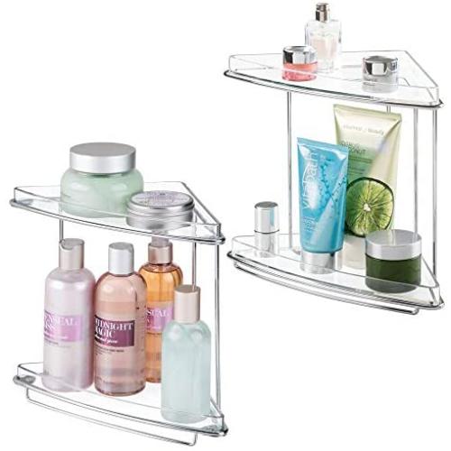 mDesign Metal 2-Tier Corner Storage Organizing Caddy Stand for Bathroom Vanity Countertops, Shelving or Under Sink - Free Standing, 2 Shelves, 2 Pack - Clear/Chrome