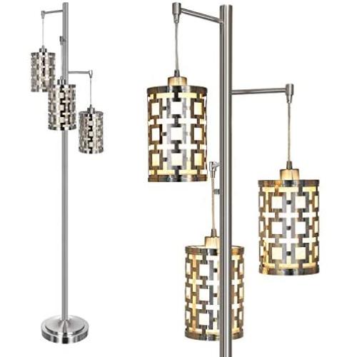 72 Inch Modern Tree Floor Lamp with 3 Head, Metal Outer Shade Frame with Oatmeal Inner Fabric Shade Liner, Sturdy Base Tall Fashion Pole Light Great for Living Room, Bedroom, Family Room, Office