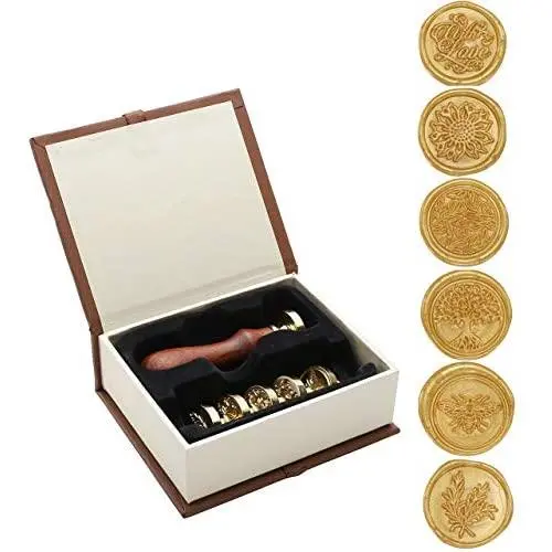 Wax Seal Stamp Set,Yoption 6 Pieces Sealing Wax Stamps Copper Seals + Wooden Hilt, Vintage Classical Initial Seal Wax Stamp Kit with Gift Box (Sunflower+Tree of Life+Bee+with Love+Rosemary+Leaves)