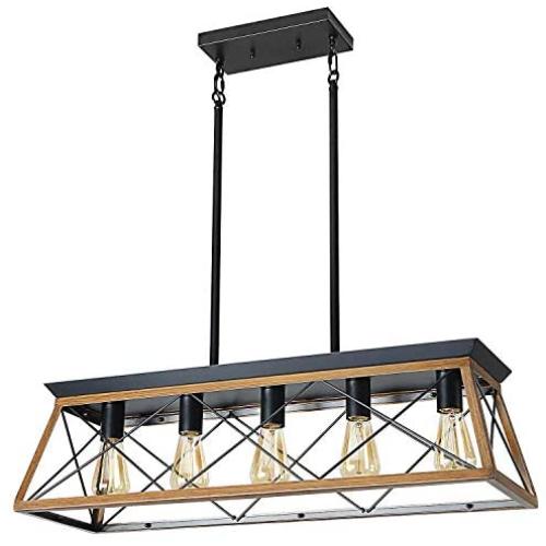 XIPUDA 5-Light Linear Pendant Light Fixture Kitchen Island Lighting Antique Industrial Metal Farmhouse Chandeliers (Walnut)