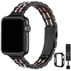 STIROLL Thin Replacement Band Compatible for Apple Watch 38mm 40mm 42mm 44mm, Stainless Steel Metal Wristband Women Men for iWatch SE Series 6/5/4/3/2/1 (Black+Rose Gold, 38mm/40mm)