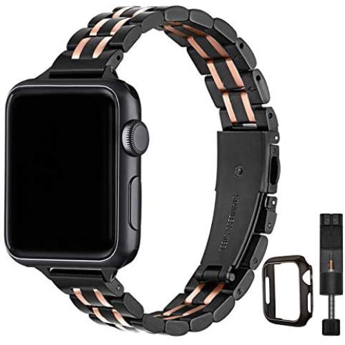 STIROLL Thin Replacement Band Compatible for Apple Watch 38mm 40mm 42mm 44mm, Stainless Steel Metal Wristband Women Men for iWatch SE Series 6/5/4/3/2/1 (Black+Rose Gold, 38mm/40mm)