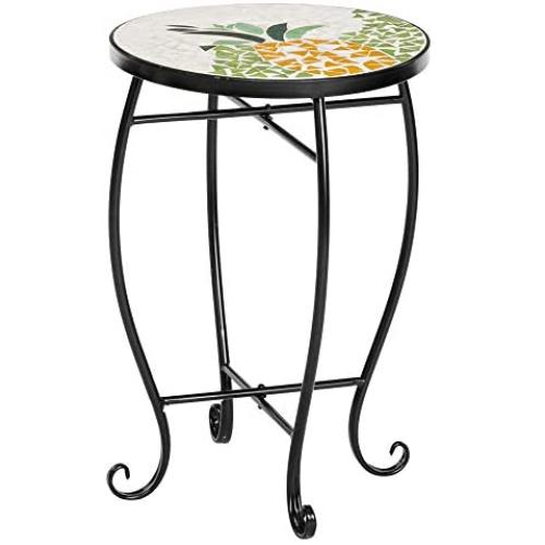 VINGLI Mosaic Accent Table, 14'' Round Side Table,End Table, Plant Stand Decor for Patio Porch Beach Theme Balcony Deck Pool Indoor Outdoor Coffee, Metal Cobalt Glass Top Black Iron(Sweet Pineapple)