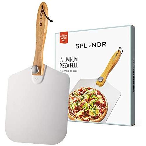 SPLENDR Aluminum Metal Pizza Peel with Foldable Wood Handle 12 Inch x 14 Inch Great Gift for Homemade Pizza Lovers. Easy Storage Pizza Paddle for Baking Bread