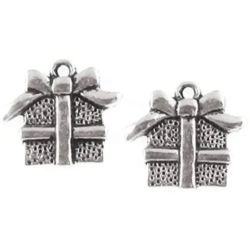 Silver Wrapped Present Metal Charm, Holiday Gift Box with Bow (20 Pieces) Silver Wrapped Present Metal Charm, Holiday Gift Box with Bow (20 Pieces)