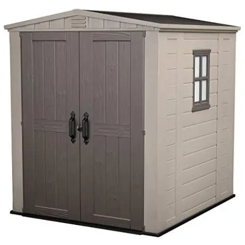 Keter Factor 6x6 Large Resin Outdoor Shed for Patio Furniture, Lawn Mower, and Bike Storage, Beige/Brown Keter Factor 6x6 Large Resin Outdoor Shed for Patio Furniture, Lawn Mower, and Bike Storage, Beige/Brown