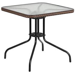 Flash Furniture 28 Square Tempered Glass Metal Table with Dark Brown Rattan Edging