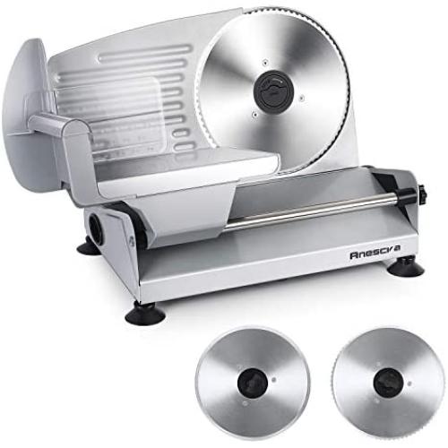 Meat Slicer, Anescra 200W Electric Deli Food Slicer with Two Removable 7.5’’ Stainless Steel Blades and Food Carriage, Child Lock Protection, 0-15mm Adjustable Thickness Food Slicer Machine- Silver