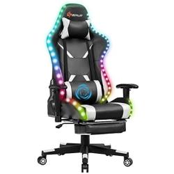 Goplus Massage Gaming Chair with RGB Light, Reclining Backrest Handrails and Seat Height Adjustment Racing Computer Office Chair with Footrest, Ergonomic High Back PU Swivel Game Chair