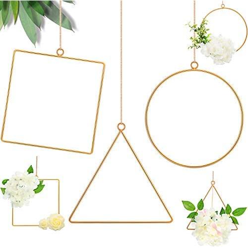 6 Pieces Metal Floral Hoop Wreath Geometric Hoop Wreath Frame Round Triangle Square Hoop Frame Flower Garland Hanging Pendant for DIY Flower Arrangement Macrame Wall Hanging Wedding Wall Decor