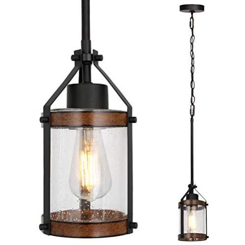 Pendant Light, Glass Cylinder Pendant Light, Hanging Ceiling Lamp, Bulb Included, Retro Style, Imitation Wood Mini Pendant Lighting, with Clear Glass Shade Kitchen Island Lights Fixtures