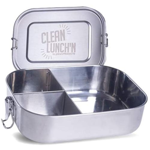 Clean LunchN Large Metal Bento Box - Leak-Proof Lid & Dishwasher Safe Three (3) Section Stainless Steel Lunch Box for Men, Women, Toddlers, Kids or Adults, BPA Free Food Storage