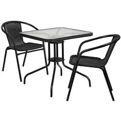 Flash Furniture 28 Square Glass Metal Table with Black Rattan Edging and 2 Black Rattan Stack Chairs