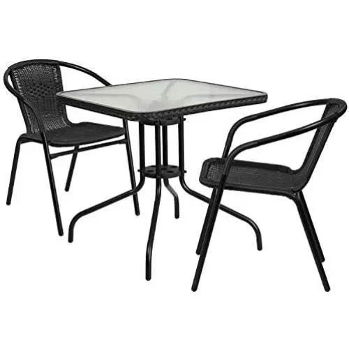 Flash Furniture 28 Square Glass Metal Table with Black Rattan Edging and 2 Black Rattan Stack Chairs Flash Furniture 28 Square Glass Metal Table with Black Rattan Edging and 2 Black Rattan Stack Chairs