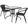 Flash Furniture 28 Square Glass Metal Table with Black Rattan Edging and 2 Black Rattan Stack Chairs