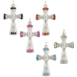 Silver Tone Base Metal Assorted Color Glass Rhinestone Crucifix Charm Pendants with Bail 1 3/8 Inch, Set Lot of 5 Pieces