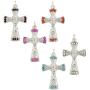 Silver Tone Base Metal Assorted Color Glass Rhinestone Crucifix Charm Pendants with Bail 1 3/8 Inch, Set Lot of 5 Pieces